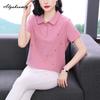 Large Size Summer Women Casual Loose Polo T-Shirt Turn-Down Collar Pink Bluish Gray Feather Leaf Pattern Tee Cotton Sport Ladies' Top M-4XL