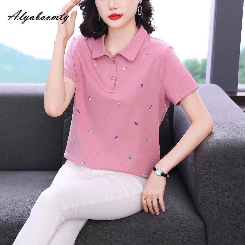 Large Size Summer Women Casual Loose Polo T-Shirt Turn-Down Collar Pink Bluish Gray Feather Leaf Pattern Tee Cotton Sport Ladies' Top M-4XL
