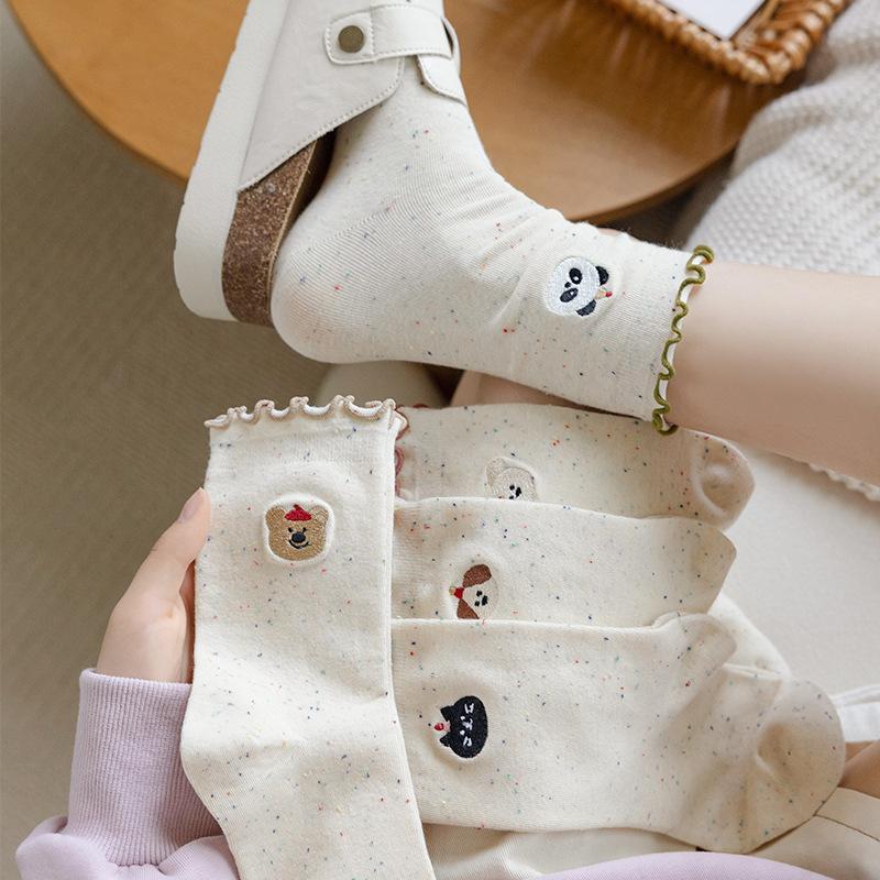 

Embroidered Socks for Women, Spring and Autumn Mid-calf Socks, Black Fungus Lace Long Socks, Sweat-absorbing Pile Socks, Cute Boneless Socks 1 pair