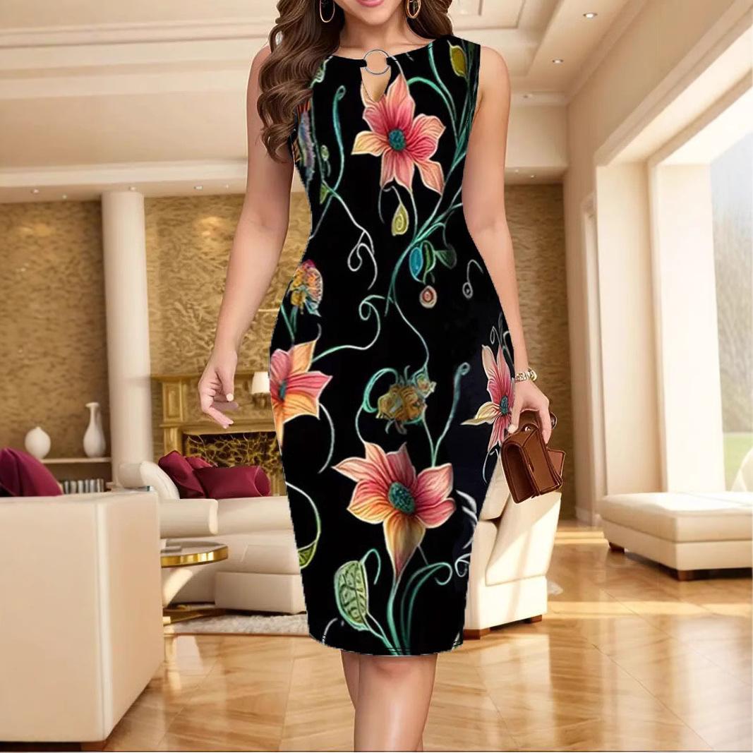 

Женское элегантное облегающее платье без рукавов с круглым вырезом и принтом длиной до колена XXL чёрный