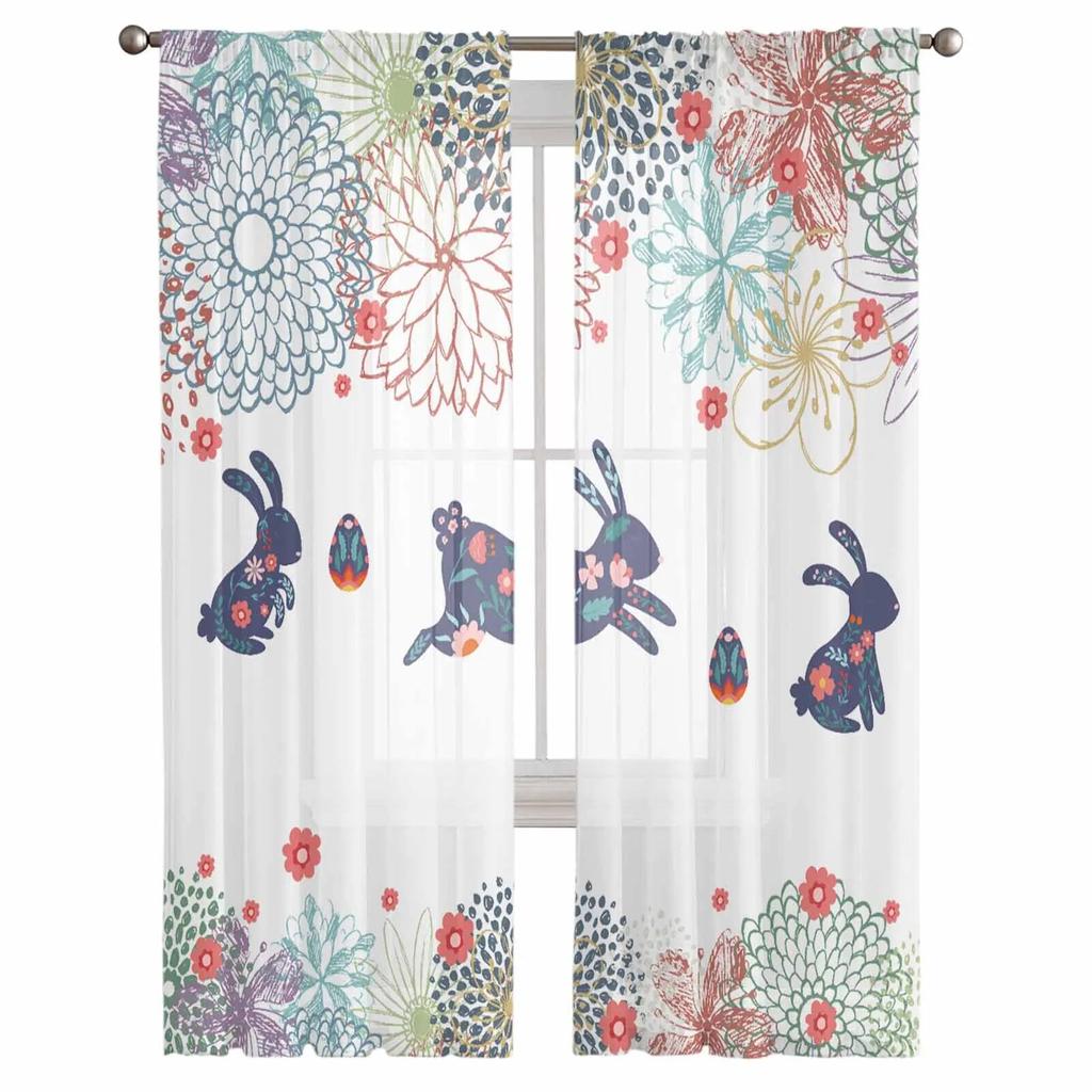 Easter Bunny Print Floral Tulle Curtains For Living Room Sheer Curtain For Bedroom Kitchen Blinds Voile Curtains