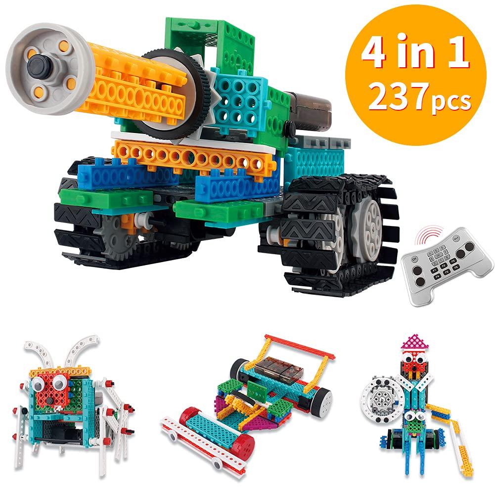 FlyCreat 4-in-1 Transforming Robot Building Blocks, 237 Pieces, Electric Toy, Tank Design, 3D Puzzle, Quadricycle Toy, Electric Assembly Robot Kit,