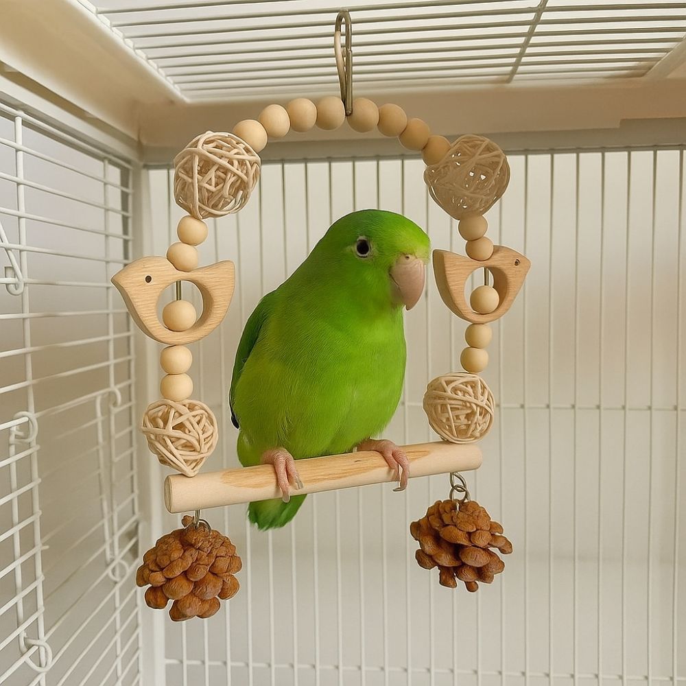 Hang Bird Swing Toy Wooden Parrot Chewing Toy Bird Accessories Bird Foraging Swing  Interactive