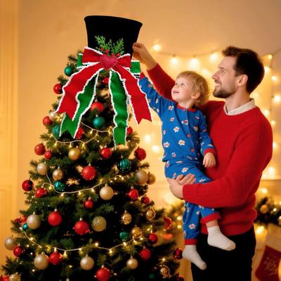 Christmas Tree Topper Whimsical Bow Hat Decoration Check Bows Xmas Ornament Winter Holidays Home Decor Fits Most Trees Festive Gift