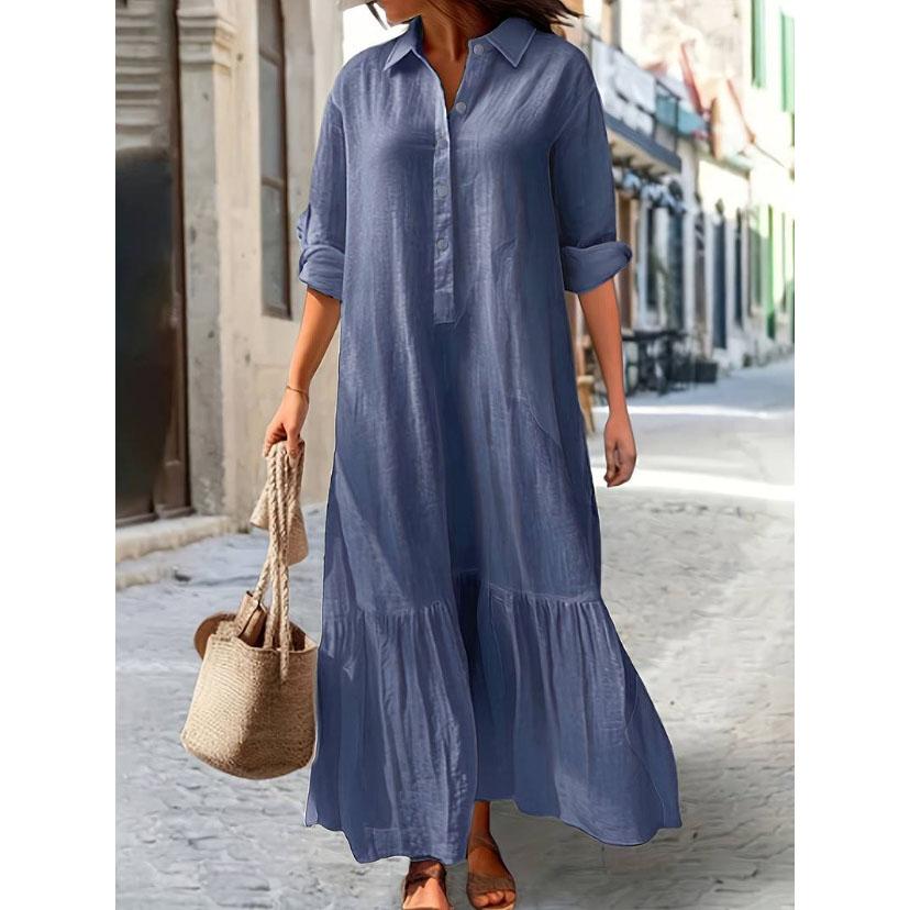 Abito Estivo in Cotone Lino da Donna Nero Ampio Maniche Lunghe Abiti Camicia Estivi Casual Oversize Eleganti Abbigliamento Signore