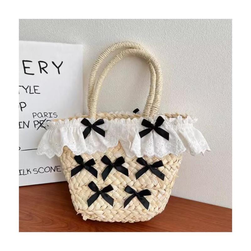 Holiday Sweet Straw Beach Bag Women Vintage Handle Lace Bow Chic Hand Bag Female Harajuku Aesthetic Weaving Bags