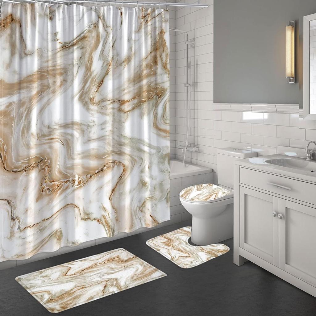 Marble Bathroom Sets With Shower Curtain And Rugs And Accessories, Abstract Grey Gold White, Modern, Gray Bathroom Decor Set