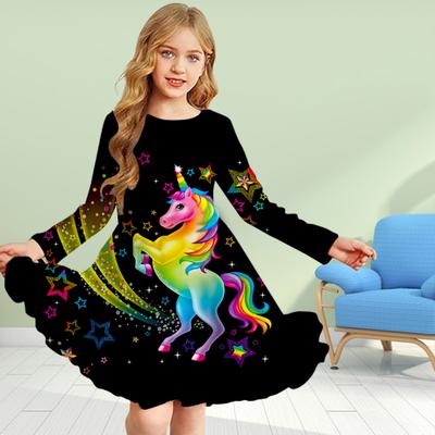 Girl Casual 3D Print Red Unicorn Round Neck Long Sleeve Dress Kid Princess Dress
