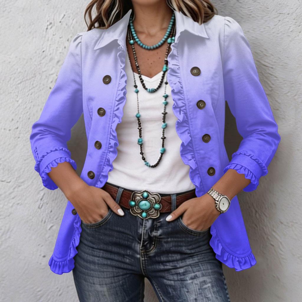 Women's Gradient Print Long Sleeve Ruffle Button Front Top for Casual Everyday Wear
