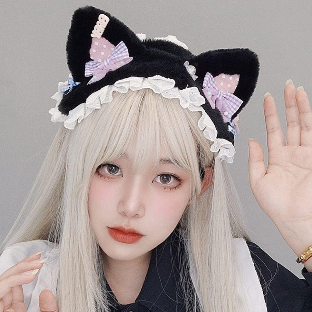 Lace Cat Ears Headband Furry Lolita Bandeau Cute Bear Ear Hair Band  Lolita Accessories