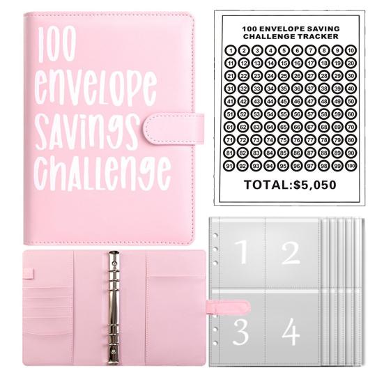 100 Envelope Savings Challenge Kit PU Binder with Numbered Pockets And Progress Trackers A5 Budget Planner for Couples Individuals