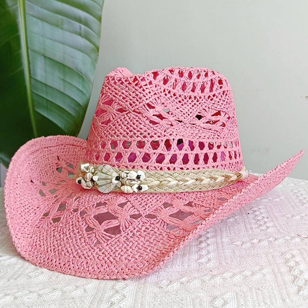 Cappello da cowboy in paglia da donna cappello da spiaggia cappello jazz con accessori da fornaio moda estate