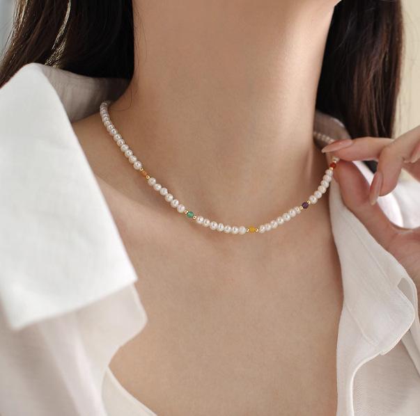 Natural pearl necklace fashionable color agate beaded collarbone chain 2025 popular neck chain