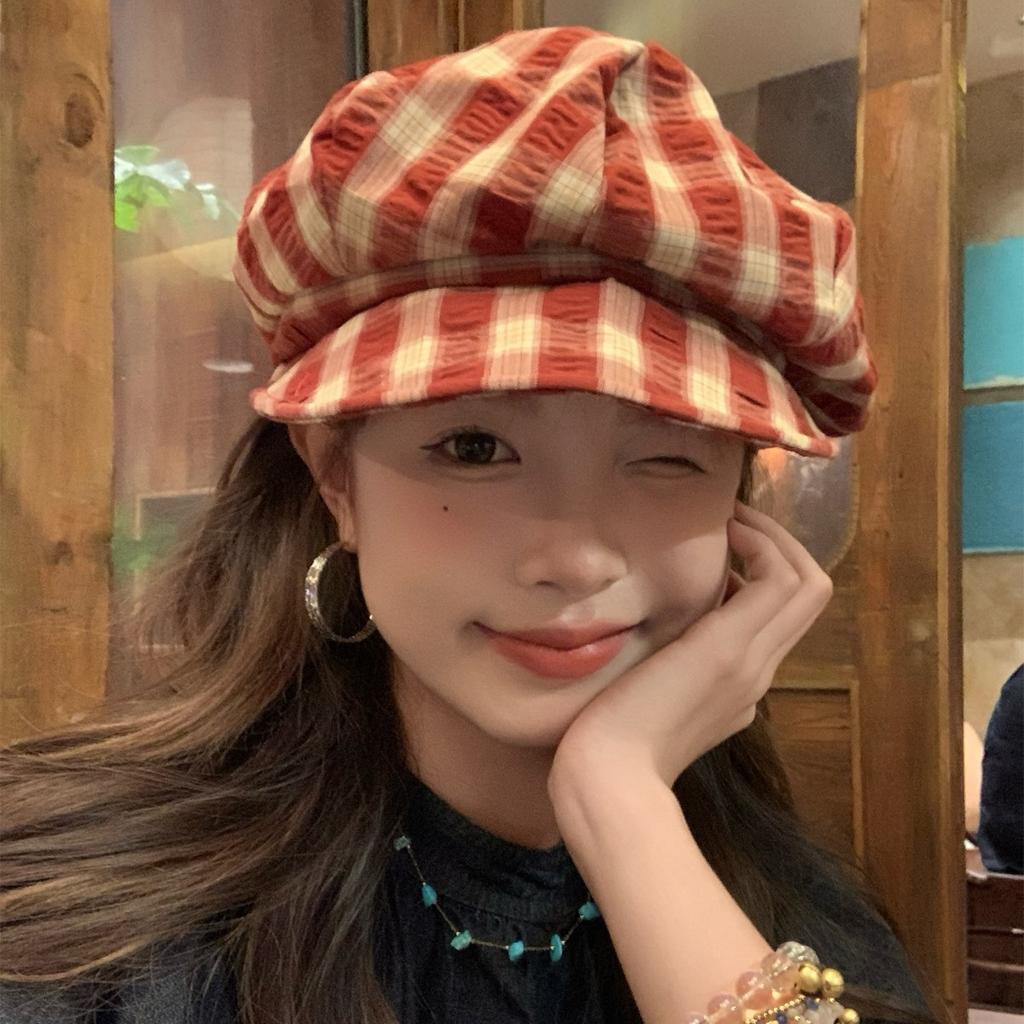 Retro Plaid Beret Women's Plaid College Style Painter's Hat Showing Face Small Big Head Circumference Cloud Octagonal Hat