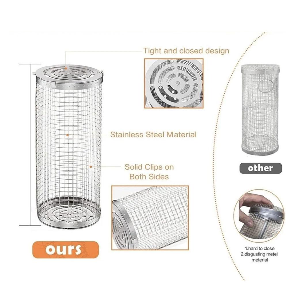 Rolling Grillkäfig Versorgung Grillkorb verbesserte Outdoor-BBQ Edelstahl Grillfass Grill-Tools