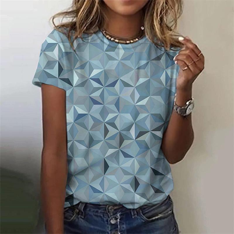 Women s multi-color geometric pattern printed T-shirt, three-color patchwork, 3D printed summer top XL