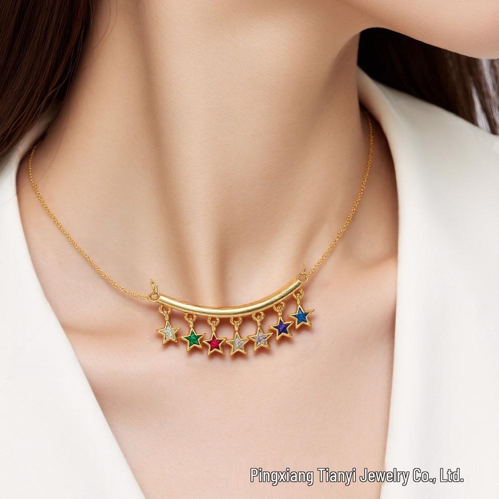 Colorful T-Shaped Zircon Pendant Necklace with Star Clavicle Chain for Women