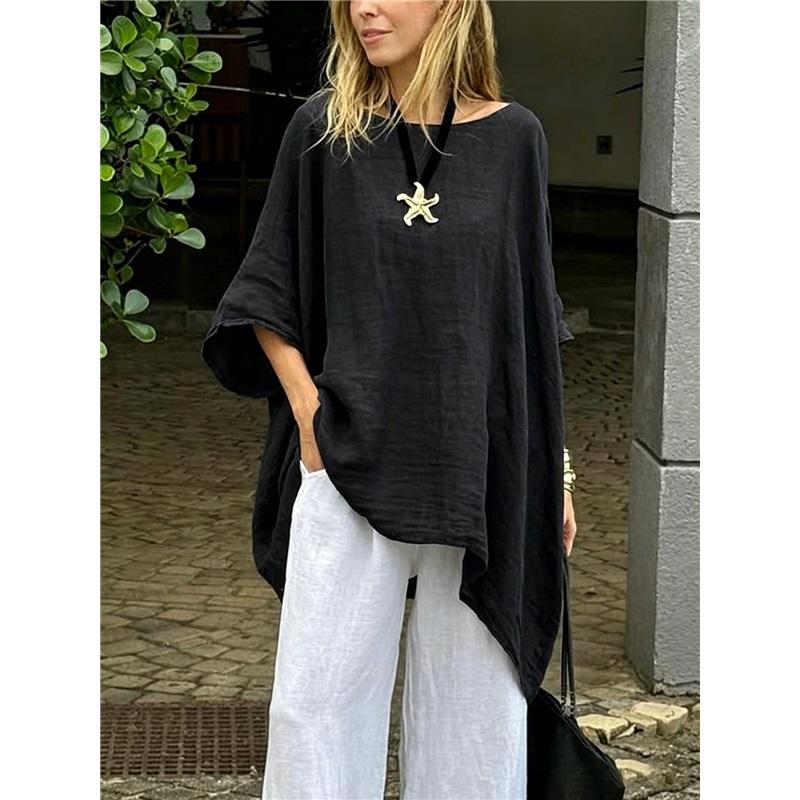 Irregular Hem Cotton Linen Casual Shirt L чёрный