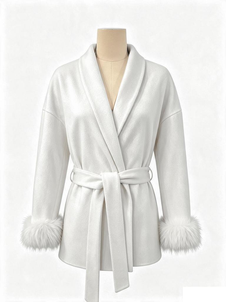 2025 A/W Women's French Tweed Short Coat with Fur Cuffs, V-neck, and Tie-waist - Solid Color.