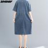 DIMANAF Frauen 2023 Neue Sommer Kleid Denim Kurzarm Kleid V-ausschnitt Elegante Lange Kleid Lose Kleid Blau Grundlegende Kleider