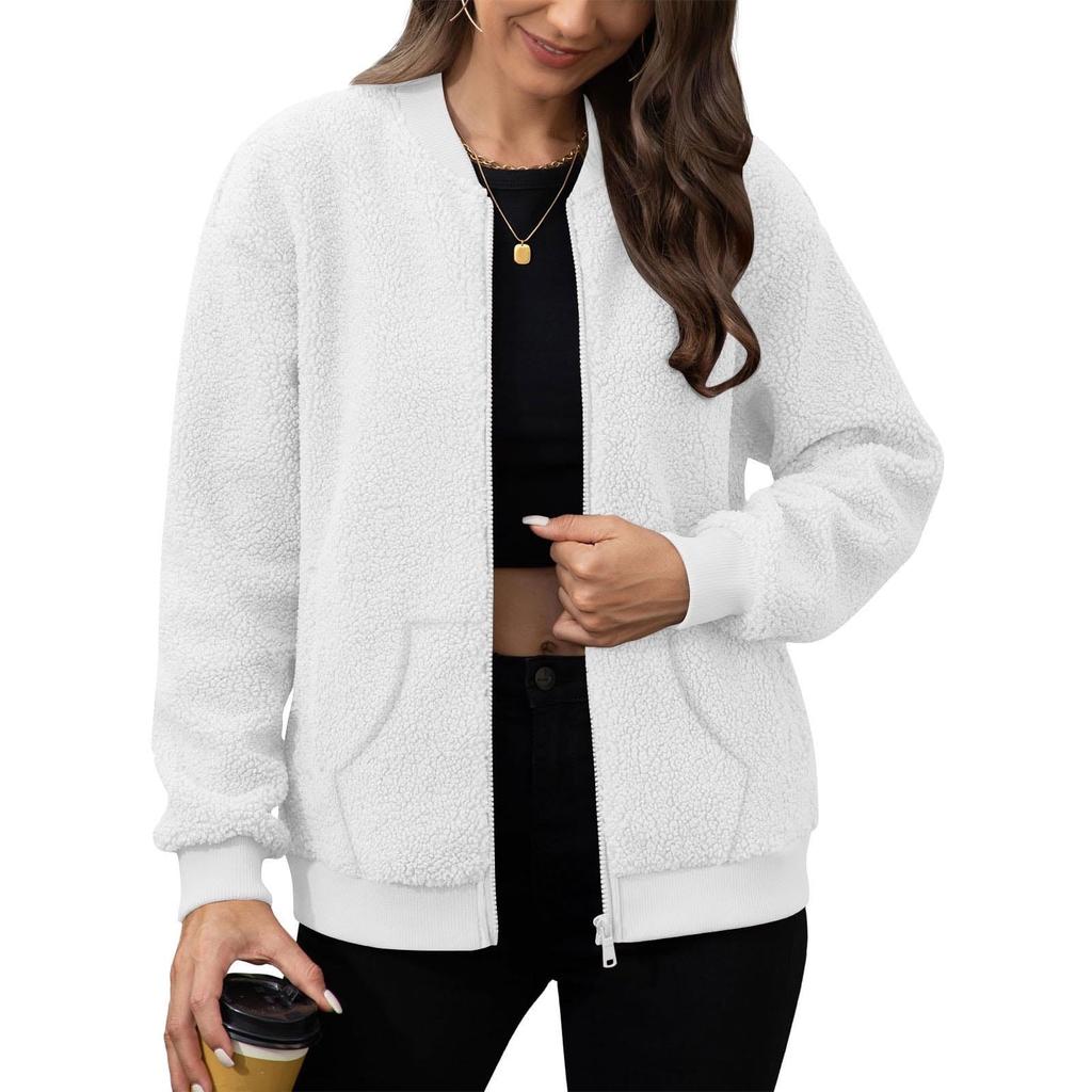 Women's Fashionable Solid Color Long Sleeved Zipper Jacket, Baseball Stand Up Collar Pocket Casual Jacket