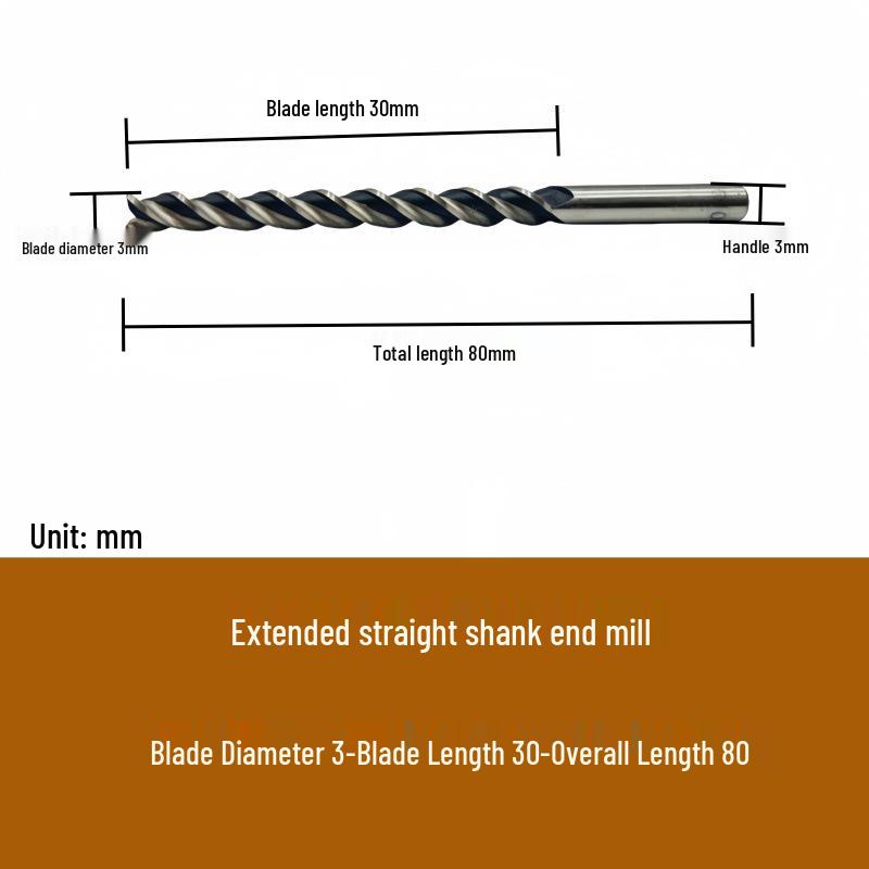 High-Speed Steel Extended Straight Shank Three-Flute End Mill, 2.5-10mm, White Steel