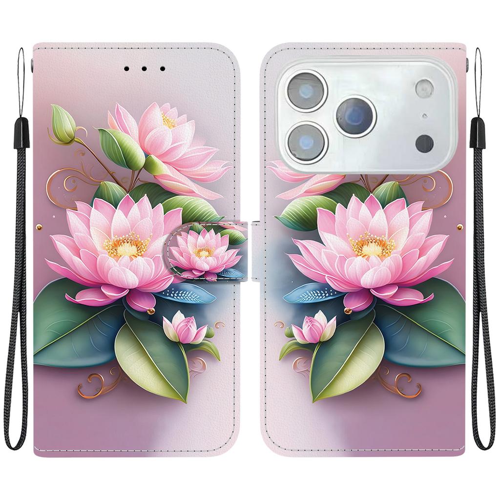 Pro iPhone 17 Pro Pouzdro Vzorový Tisk Odolné proti Pádu Kožené Vyklápěcí Peněženkové Pouzdro na Telefon se Šňůrkou