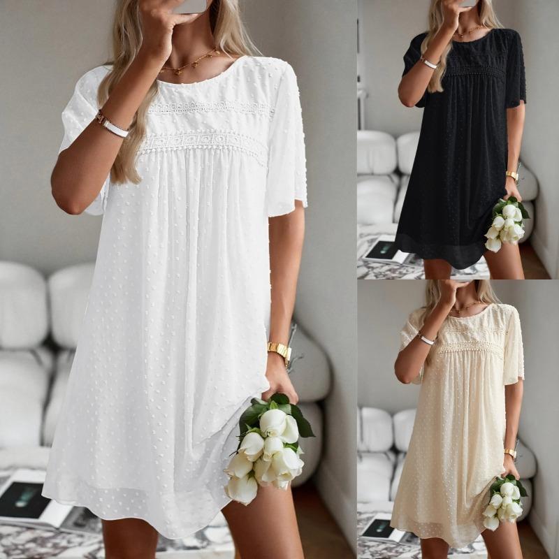 Vente Chaude, Robe d'Été Unie pour Dames Robe à Col Rond Manches Courtes Vêtements pour Femmes