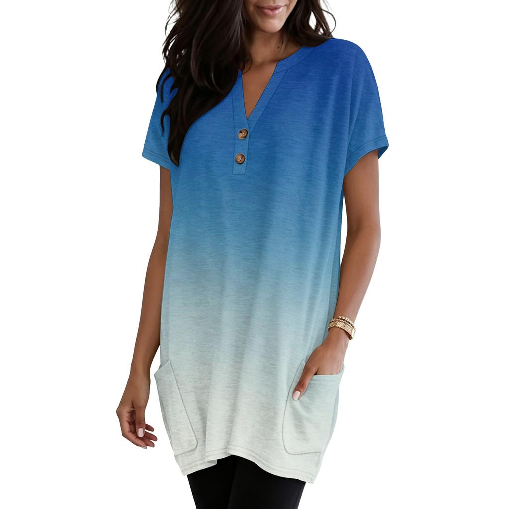 Women's V-Neck Gradient Print Short Sleeve Blouse with Pocket - Casual Pullover Top for Everyday Wear