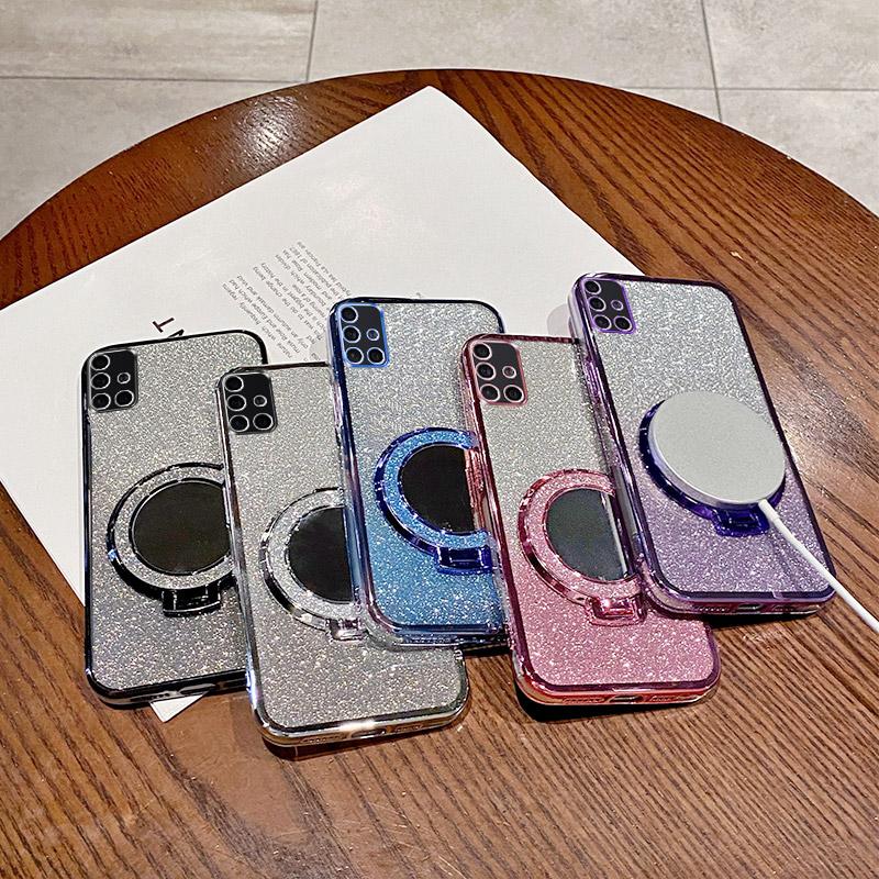 Cute Mirror Glitter Silicone Case For Samsung Galaxy A50 A51 A52 A52S A53 A54 A55 Magnetic Bracket Simple Shockproof Back Cover