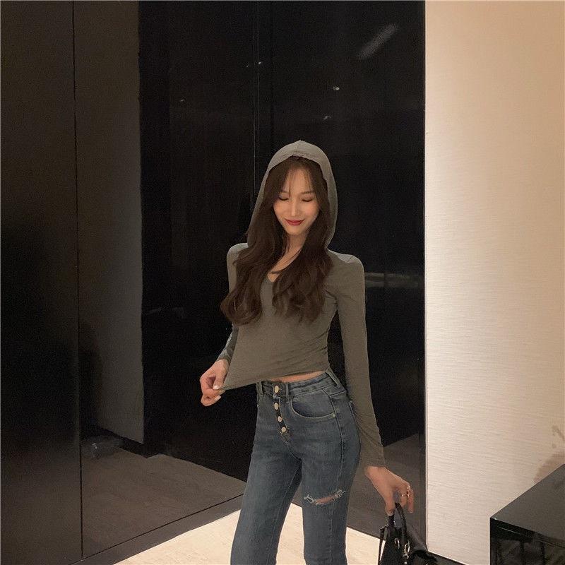 Women's Cropped Hooded Long Sleeve Top Slim Fit Blouse