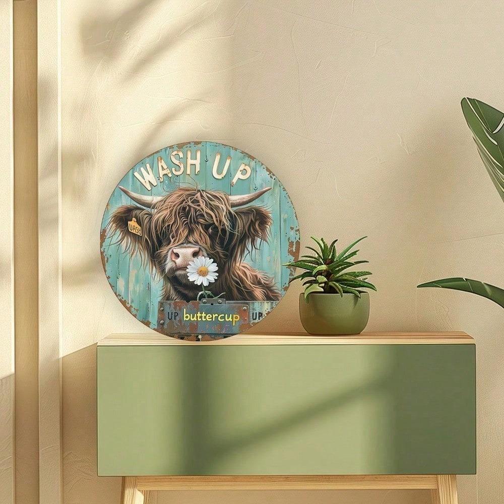 Rustic Highland Cow Metal Sign 8x8 Inch Vintage Farmhouse Wall Decor 2D Flat Aluminum Tin Art Plaque