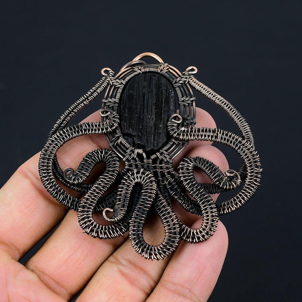Black Tourmaline Octopus Shape Gemstone Jewelry Pure Copper Wire Wrapped Handmade Pendant For Her
