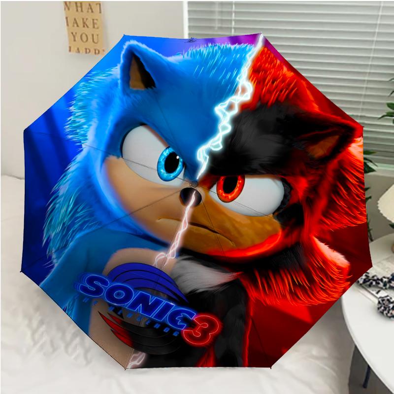 Sonic the Hedgehog Print Automatic Umbrella, 8 Rib Iron Frame, Plastic Handle, Suitable for Outdoor Travel &Daily , Ideal Gift