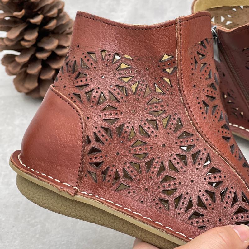 Johnature Stivali Estivi Artigianali Vintage in Vera Pelle Punta Tonda Piatta Traspiranti Traforati Scarpe da Donna