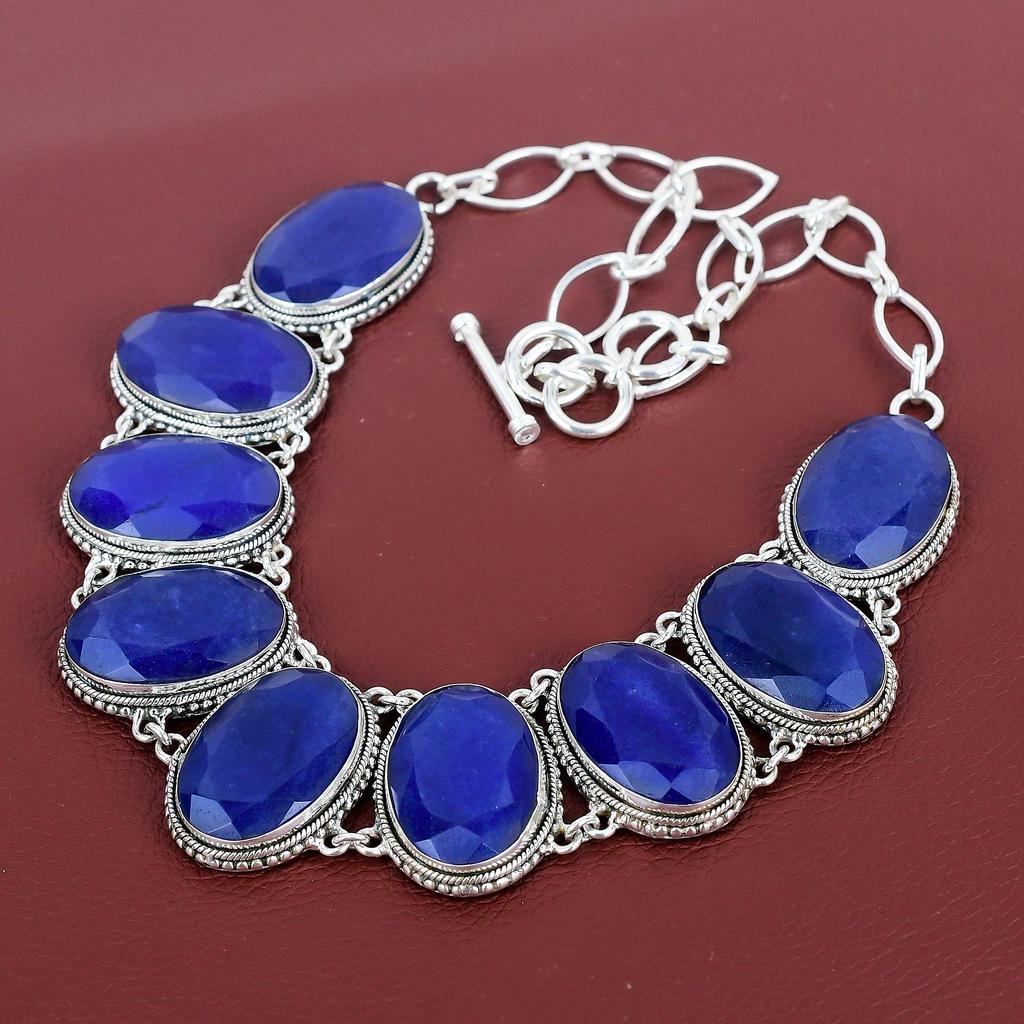 Faceted Blue Sapphire Necklace Gemstone Jewelry Vintage Necklace 925 Sterling Silver Adjustable Chain Necklace Handmade Necklace For Mother