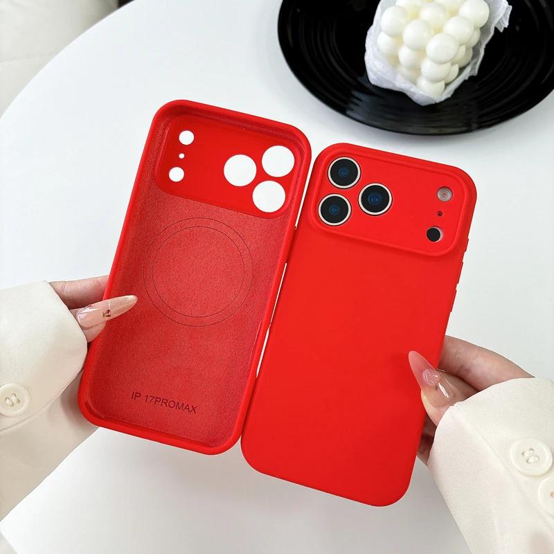 

Built-in Magnetic Liquid Silicone Phone Case For IPhone 17 Air 16 15 14 Plus 13 12 Pro Max Magsafe Original Soft Cover Fundas iPhone17 красный