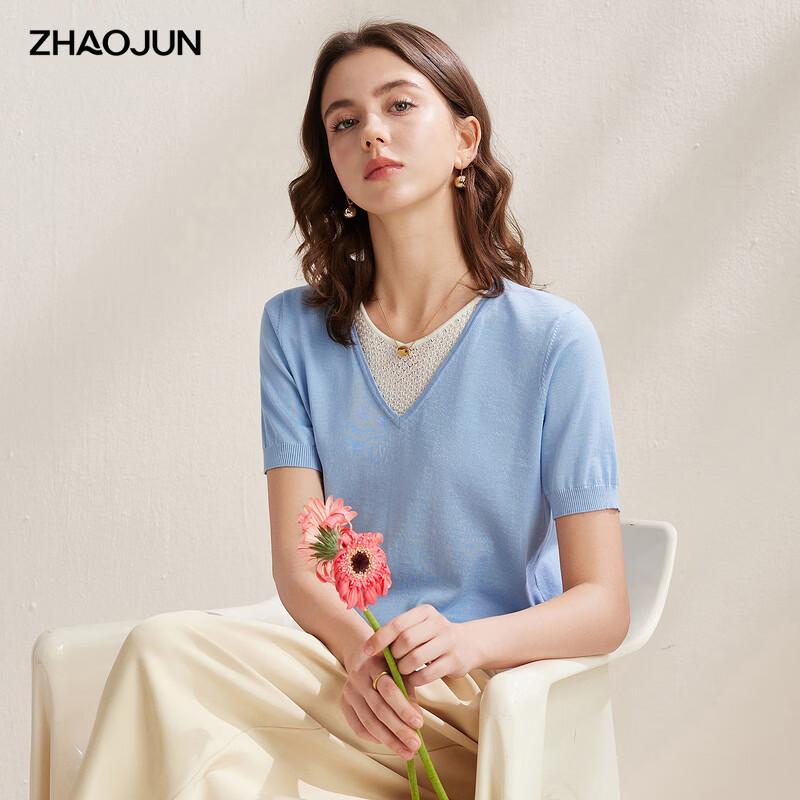 Zhaojun Women s Mulberry Silk Blend V-Neck Fake Two-Piece Short Sleeve Knit Top L