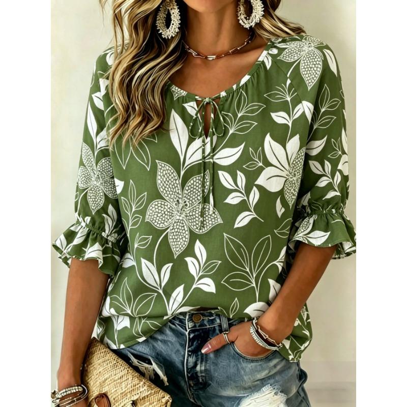 Women's White Watercolor Floral Print Tie Neck Blouse, Casual Loose Tops for Spring Summer Daily Wear & Vacation Occasions