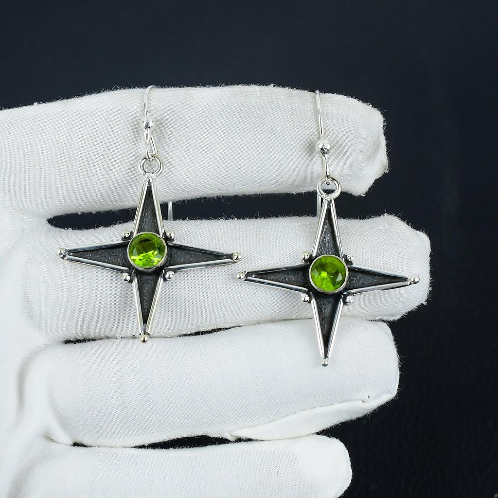 Amazing Peridot Gemstone Star Shape Earrings, 925 Sterling Silver Earring, Handmade Boho Silver Jewelry Dangle Earrings, Anniversary Gift