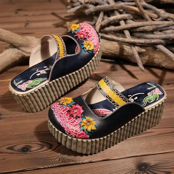 Fashion GKTINOO 2025 Summer Shoes Women Wedge Slides Cover Toes Handmade Flower Thick Heels Genuine Leather Lady Platform Slippers