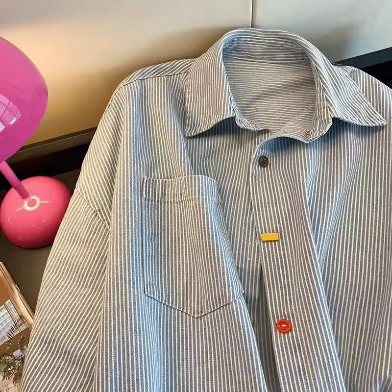 Vintage Denim Striped Oversized Shirt Beautiful Women's Blouses  Collared Shirt for Women's Spring Long Sleeved Top