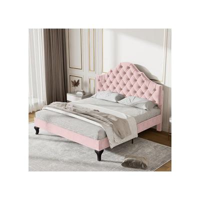 Lit Rembourré - - 140x200 Cm - Tête De Lit Réglable - Velours Rose