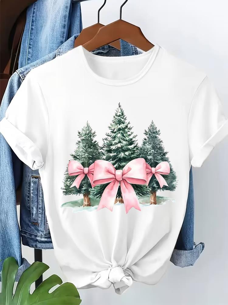 (Asian Size) tree cute style T Shirt Print Fashion Merry Christmas Women's Top Short Sleeve T-shirts O-neck Casual New Year Clothing Graphic Tee