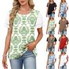 Womens Summer Fashionable Round Neck Printed Double-layer Short Sleeved Casual Pullover T-shirt Top