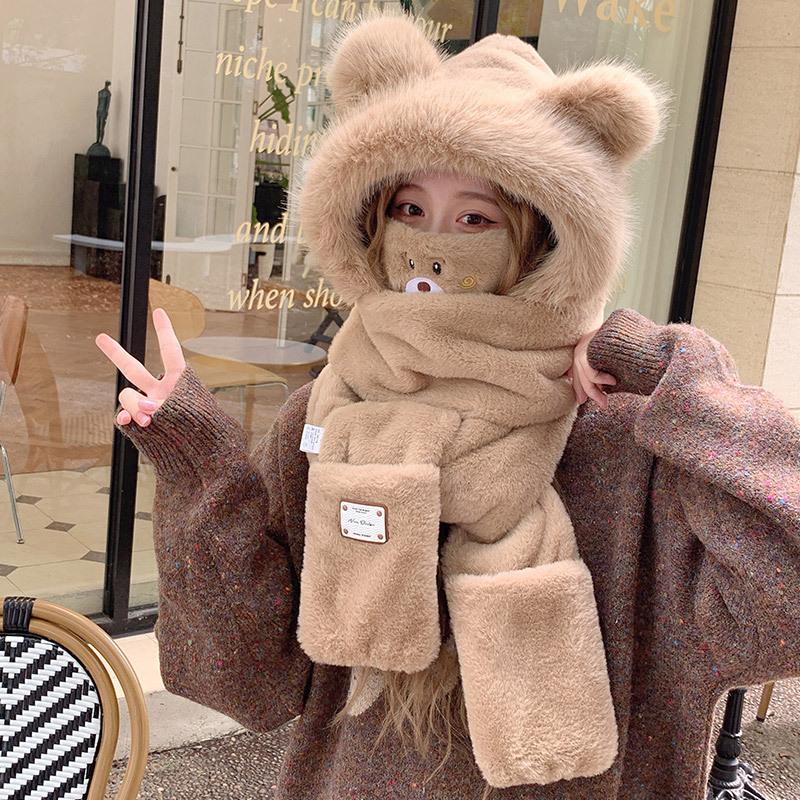 Korean Cute Plush Three-piece Set for Women's Autumn and Winter New Scarf Gloves Hat Integrated Plus Velvet Cold Proof and Warm Hat