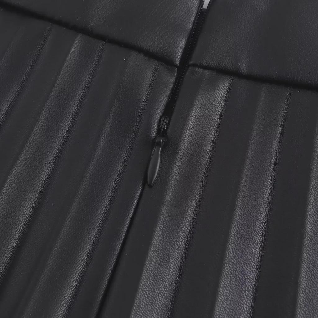 2024 European & American Style A-Line Black PU Pleated Skirt for Women - Perfect for Autumn/Winter