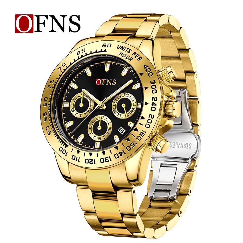 OFNS Men's Quartz Watch: Fashionable Business Design, Six-Hand Dial, Calendar, Solid Steel Band, Waterproof.