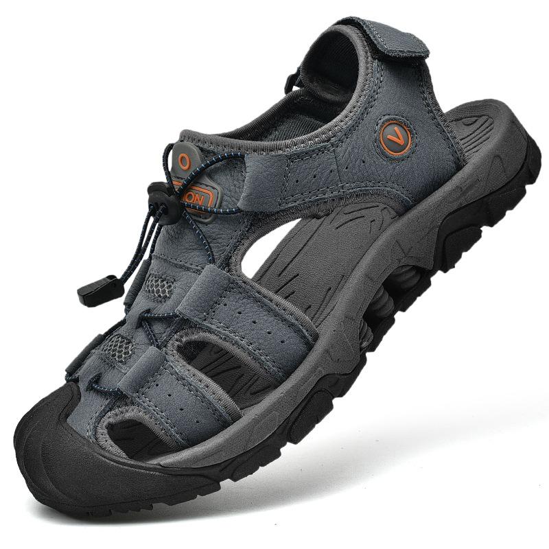 

Мужские сандалии трендовые 2025 новая летняя обувь для улицы нескользящая мягкая подошва кожаная сумка голова повседневные молодежные пляжные туфли 46 серый