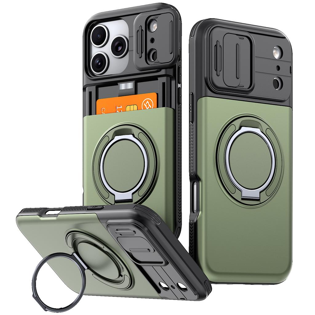 Armor Case For iPhone 17 16e 17e 12 13 14 15 16 Pro Max Plus Slide Camera Protective Magnetic Ring Holder With Card Cover Funda